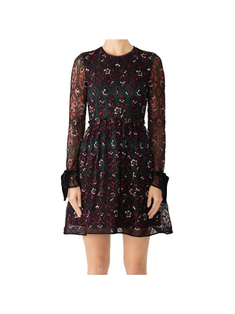 ML Monique Lhuillier Women's Size 0 Black Floral Vine Embroidered Mini Dress